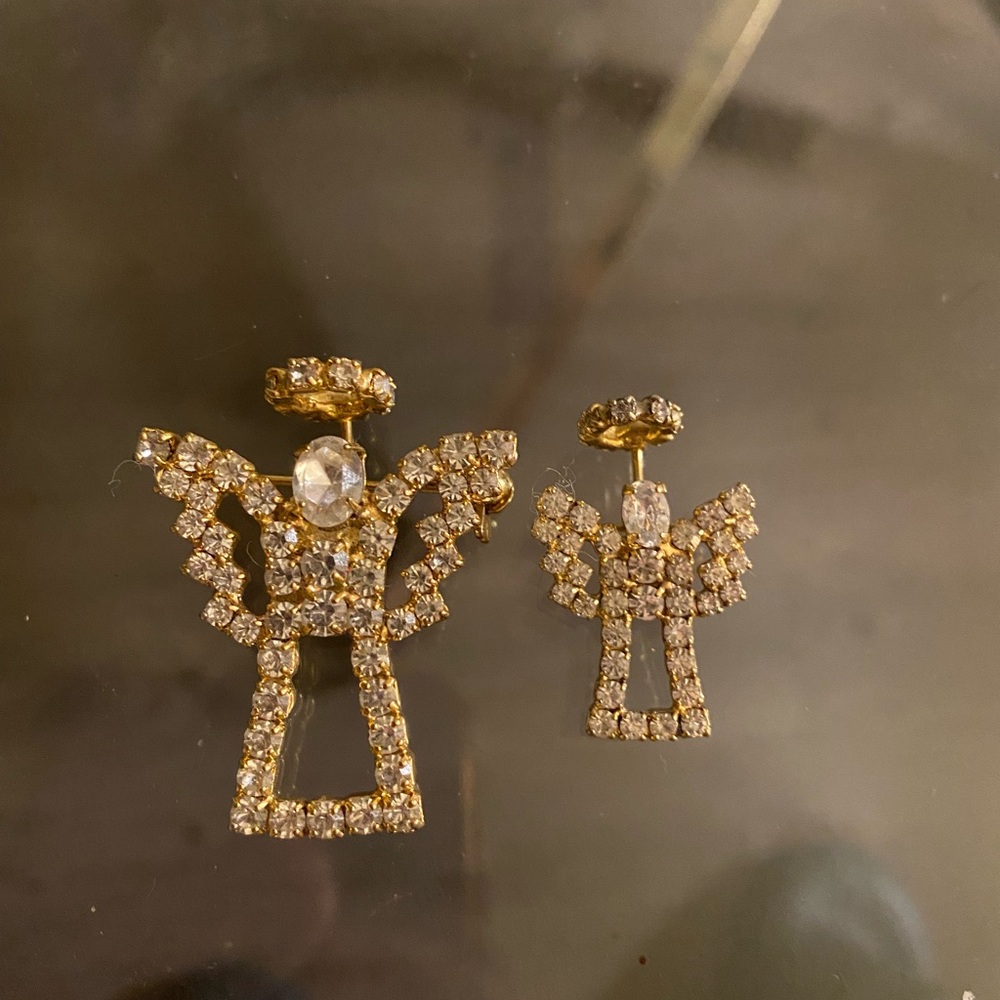 Pair of Vintage rhinestone angel brooches